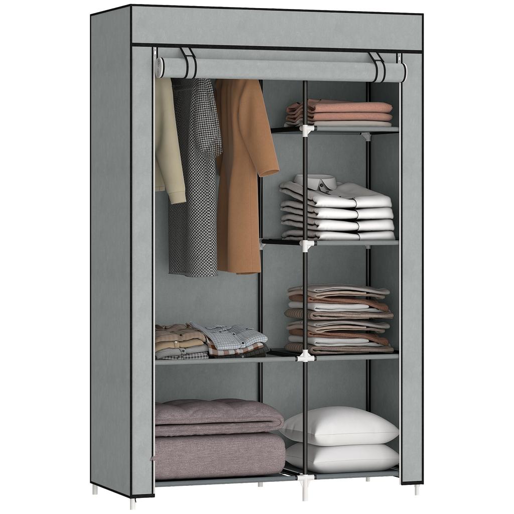 Fabric Wardrobe w/ Shelves Hanging Rail Foldable Wardrobe Light Grey