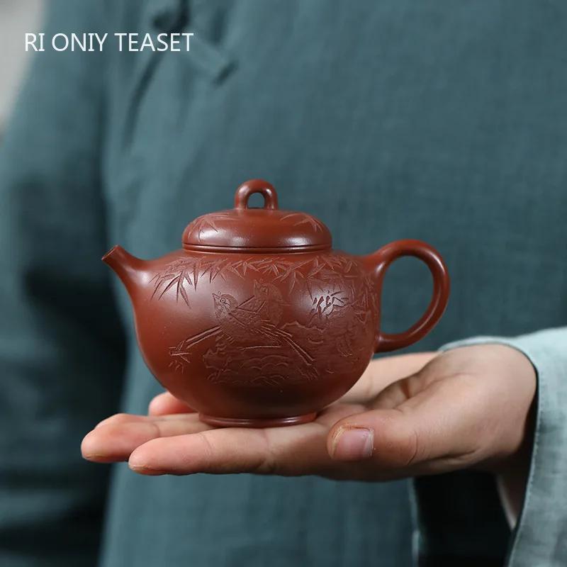 180ml Yixing Purple Clay Teapot Kettle Master Hand-carved Bird Bamboo Leaf Tea Pot Tea Infuser Chinese Handmade Zisha Tea Set