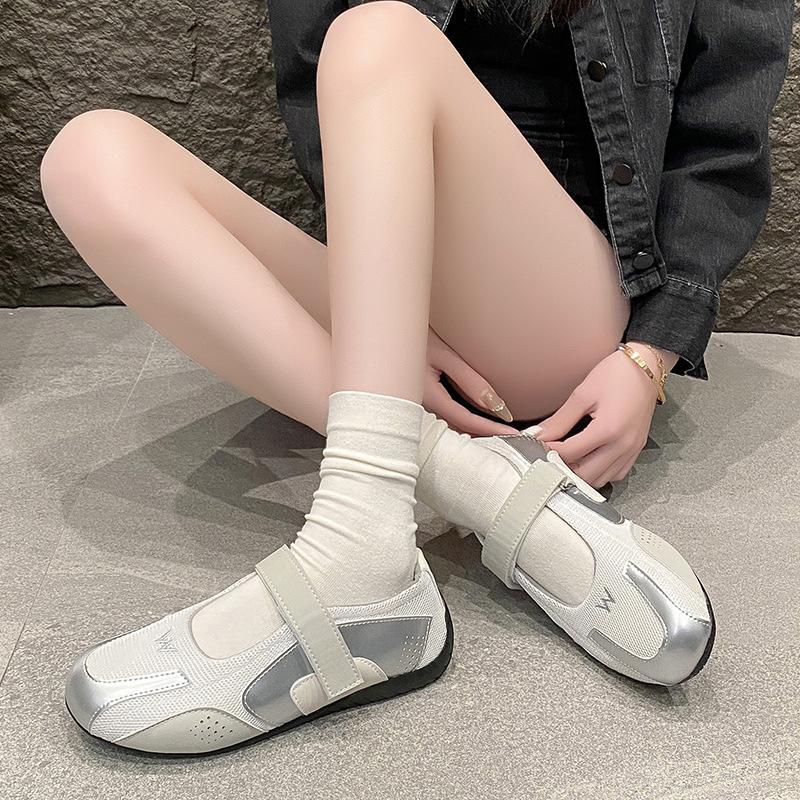 Myk Lær Utgave~ Nisje Sølv Mykt Lær Mary Jane Sneakers Dame Komfortable og Pustende Flat Bunn Funksjonelle Ballerinaer