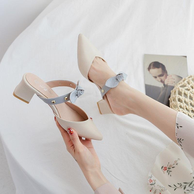 Baotou half slippers 2025 new Internet celebrity outer wear fashionable half drag one pedal women's pointed head middle heel sandals with skirt shoes