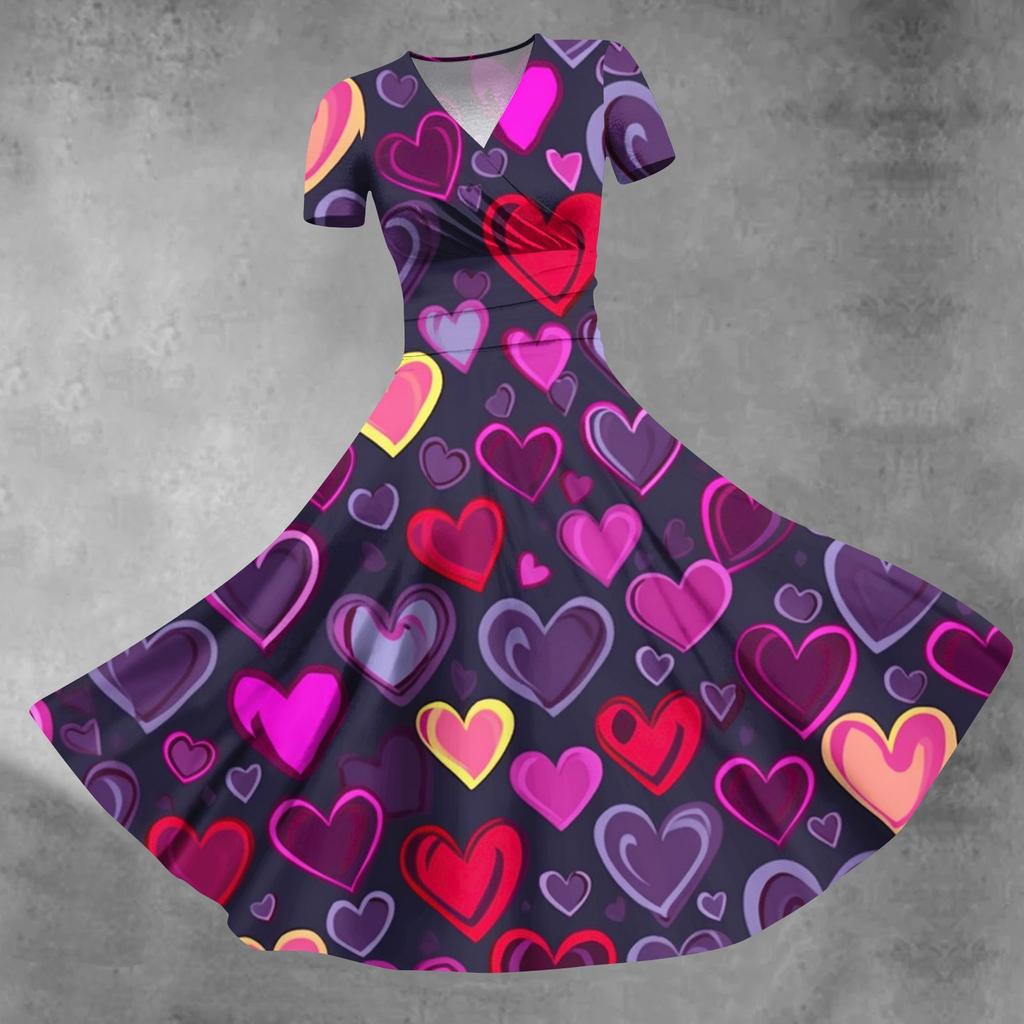 Women's Princess Dress Sexy V-neck Valentine's Day Print Waist Pull Pleated Short Sleeve Dress