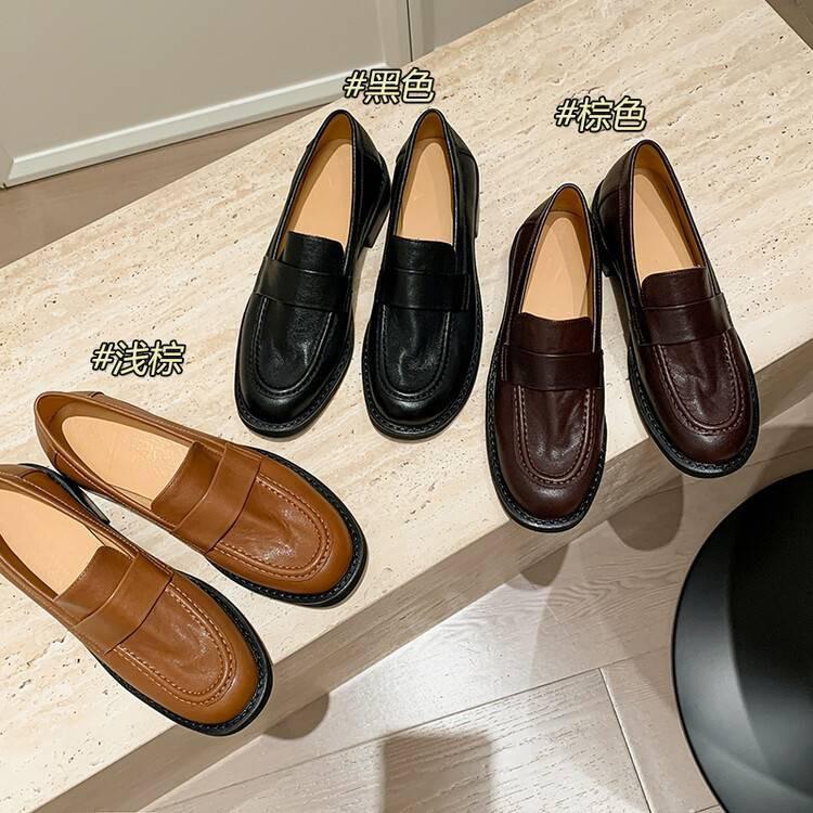 

Однотонная версия~ Повседневные универсальные туфли на каждый день 2025 весна первый слой коровьей кожи низкий верх черный круглый носок женские лоферы женские 40 светло-коричневого