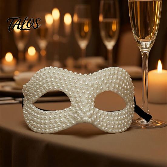 Adjustable Party Masks Halloween Half Face Masquerade Mask, Pearl Decor Venetian Luxurious Evening Elegant Costume Accessory for Stage Show
