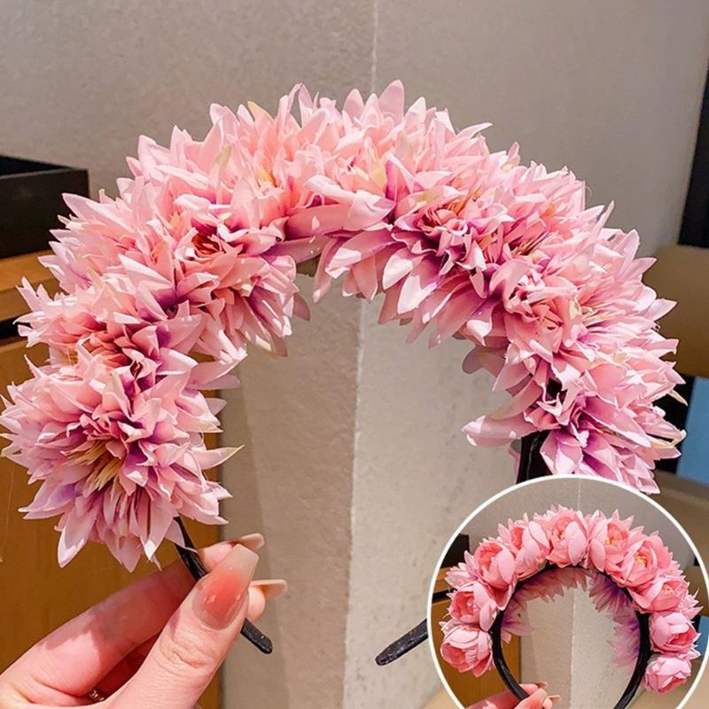 Colorful Flower Headband Double-sided Crown Hair Wreath Wedding Party Costume Headpiece for Bridal Women Hair Accessory