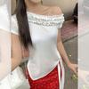 Korean pure desire slanted shoulder fungus edge design short-sleeved T-shirt women's summer new strap splicing top
