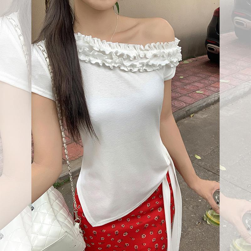 Korean pure desire slanted shoulder fungus edge design short-sleeved T-shirt women's summer new strap splicing top