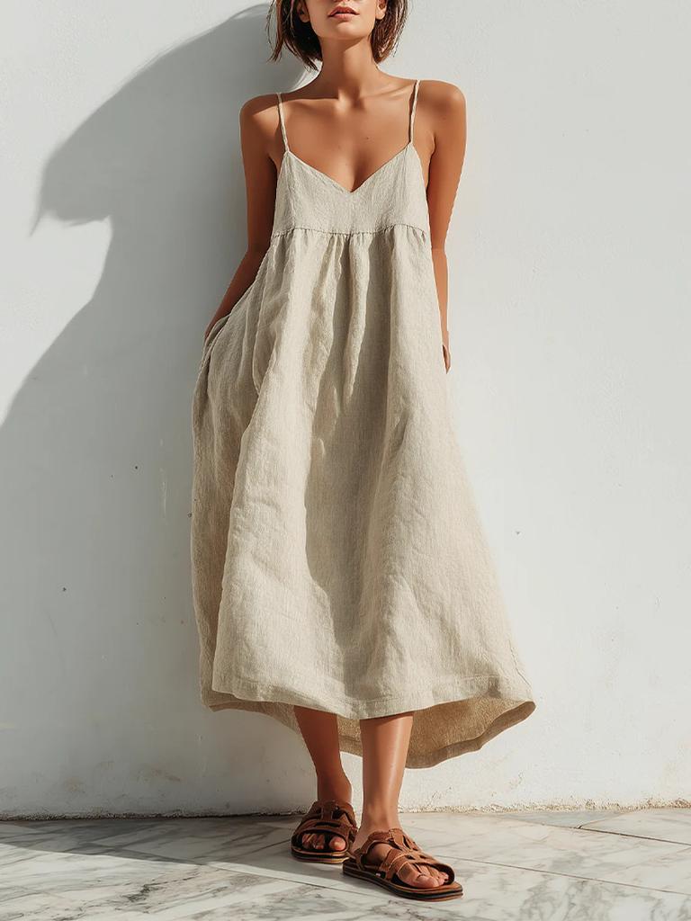 European and American Summer New V-neck Suspender Linen Skirt Simple and Elegant Wind Loose Version Dress