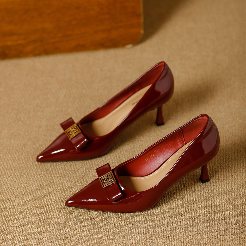 Thin heels high heels 2026 spring patent leather bow pointed red wedding shoes shallow single shoes