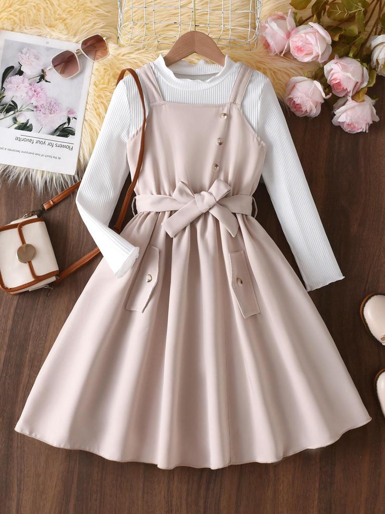 Autumn Children's Set: Ribbed Long-Sleeve Top & Beige Waist-Belt Overalls Skirt