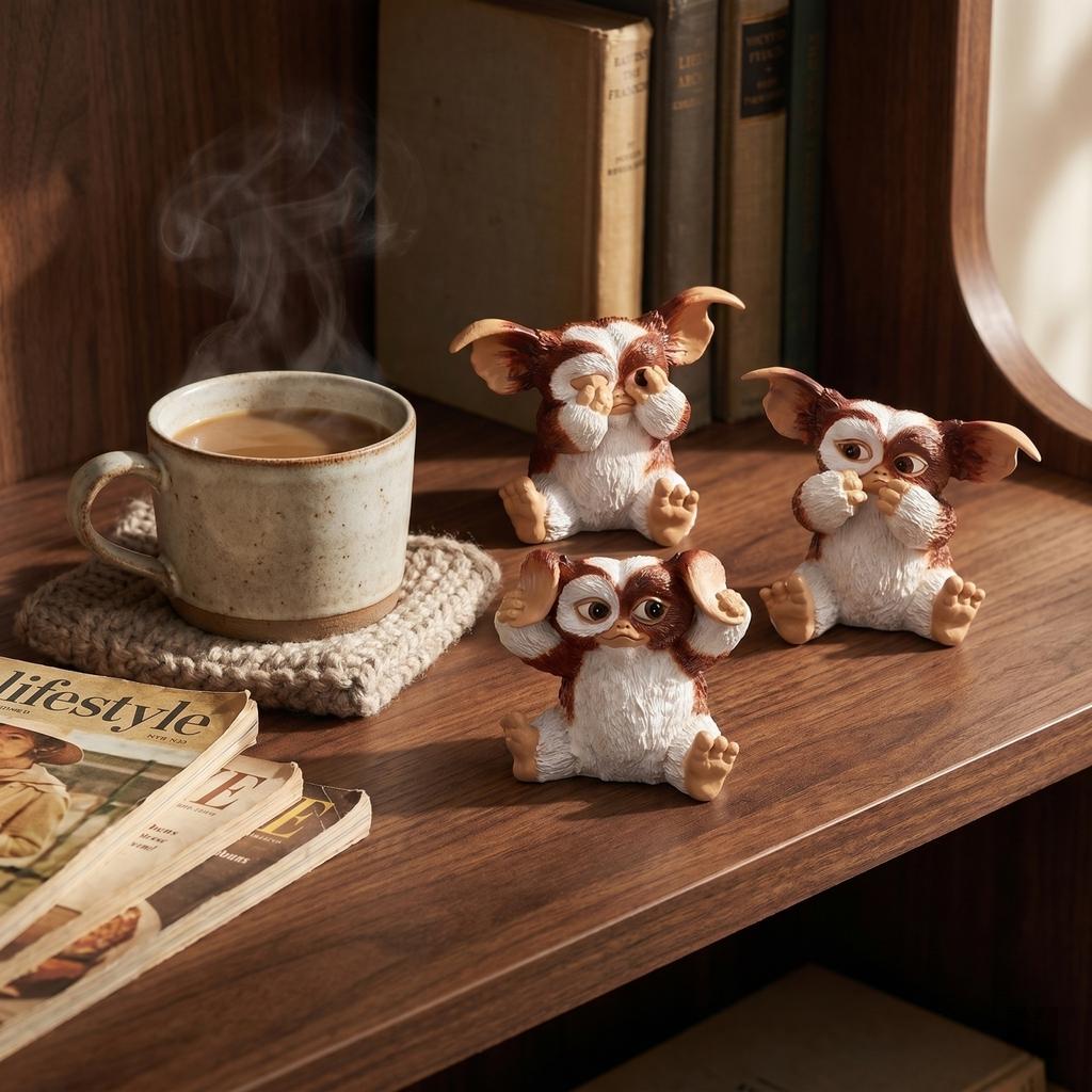 Set of Three Small Plush Creature Figurines Sitting with Different Hand Gestures Soft Texture Collectible Decorative Toys for Display