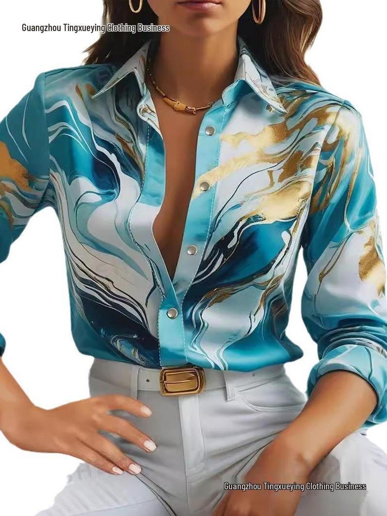 European & American Spring/Fall New Style Long Sleeve Lapel Loose Fit Digital Print Shirt