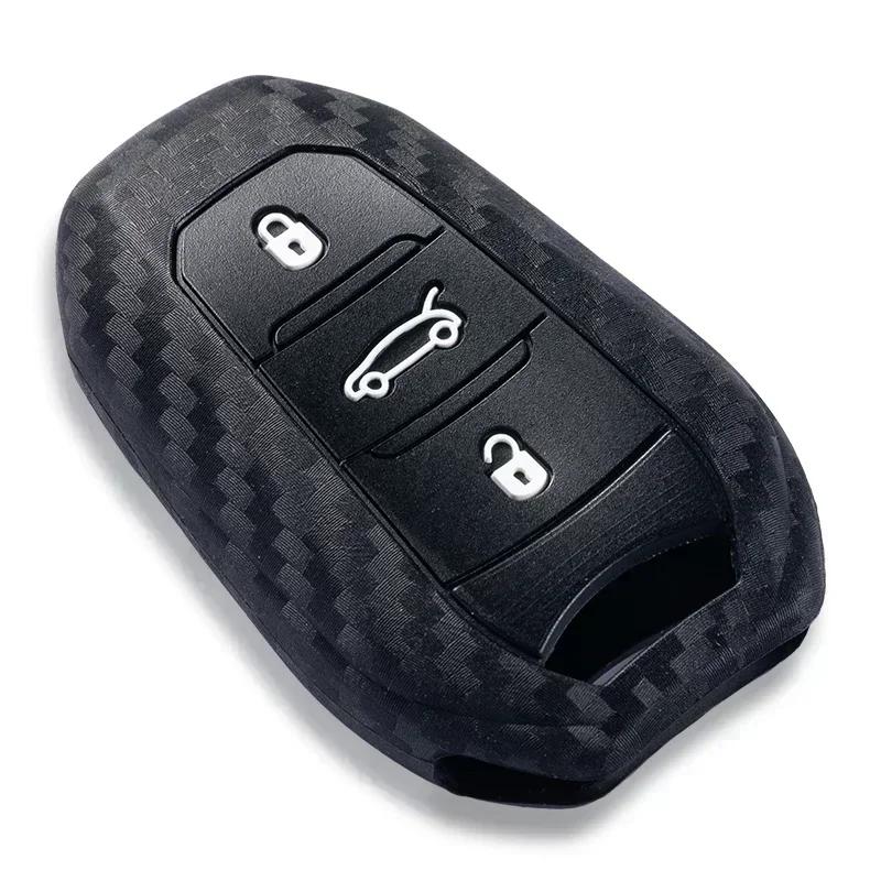 Silicone Carbon Fiber Print Car Key Case Cover For Peugeot 208 2008 308 3008 508 408 307 4008 Citroen C3 C4 C5 C6 C8 Keychain