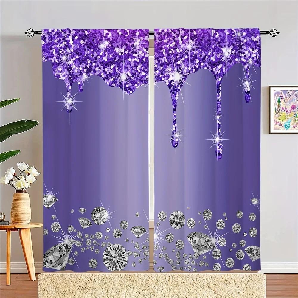 2pcs Shiny Silvery Water Drops Print Rod Pocket Curtains, Semi Blackout Decorative Curtains For Living Room Bedroom Office Home