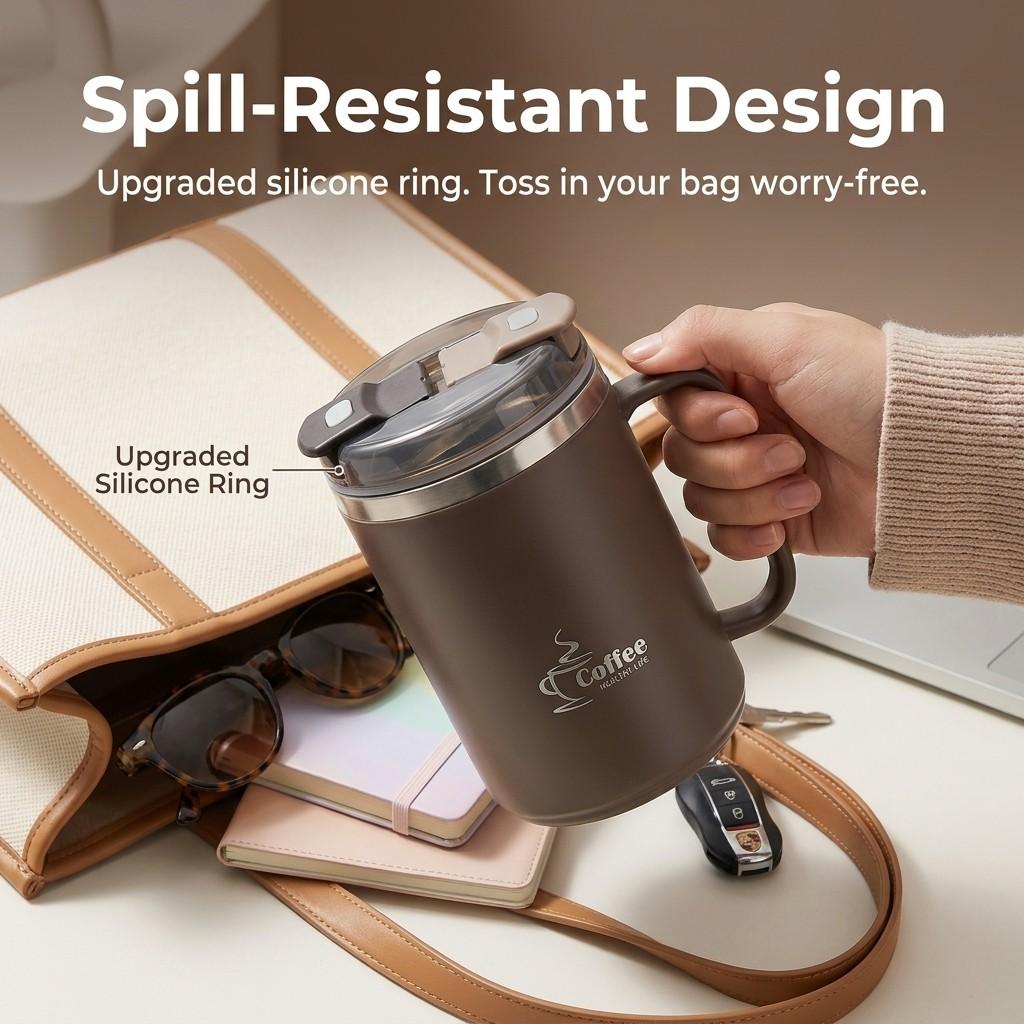 Thermal Coffee Mug with Handle 304 Stainless Steel Insulated Tumbler Leakproof Travel Water Bottle Portable Cup with Spoon