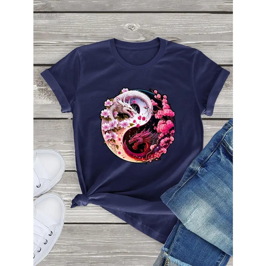 

Футболка с короткими рукавами и круглым вырезом с ярким принтом дракона — мягкий хлопок, стандартный крой, микроэластичность, машинная стирка — повседневный женский летний топ 6XL синий