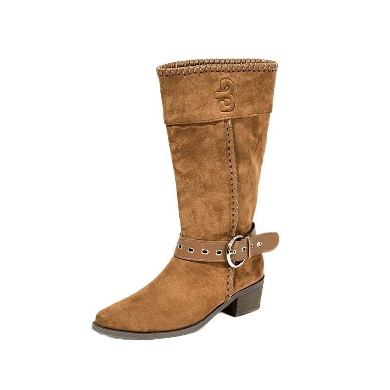 Pile boots women's summer new western cowboy boots retro medium tube knight boots suede pointed short boots