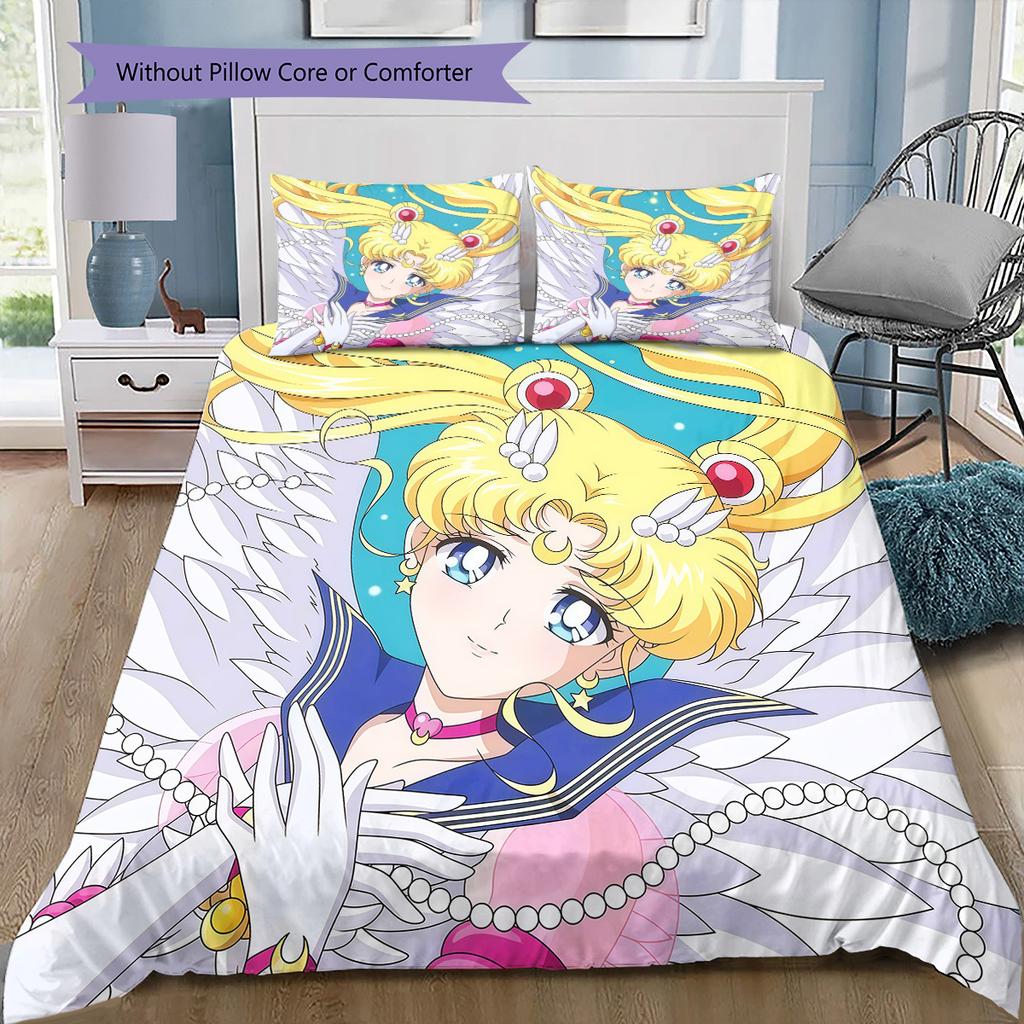 Set Biancheria da Letto Sailor Moon Stampa Completa Espressioni, 1 Copripiumino & 2 Federe, Camera da Letto Accogliente, Ottimo Regalo per i Fan