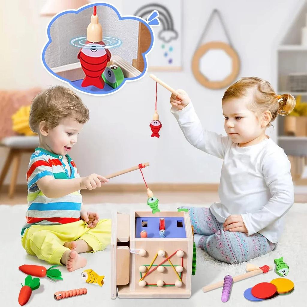 Non-Toxic Wooden Montessori Toys Play Kit Sorting Matching Toy Coin Ball Box Multi-Function Stick Pull Radish Game Baby Learning Kids Toy