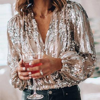 Spring Women Popular Sequins V Neck Blouse Office Lady Elegant Lantern Sleeve Shirt New Autumn Fashion Slim Tops Pullover