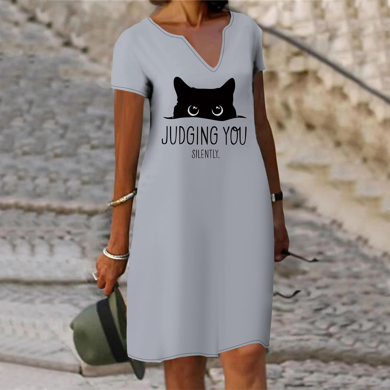

Летнее модное платье с v-образным вырезом, женское платье с короткими рукавами и принтом кошек, свободное повседневное платье для женщин 8XL серый