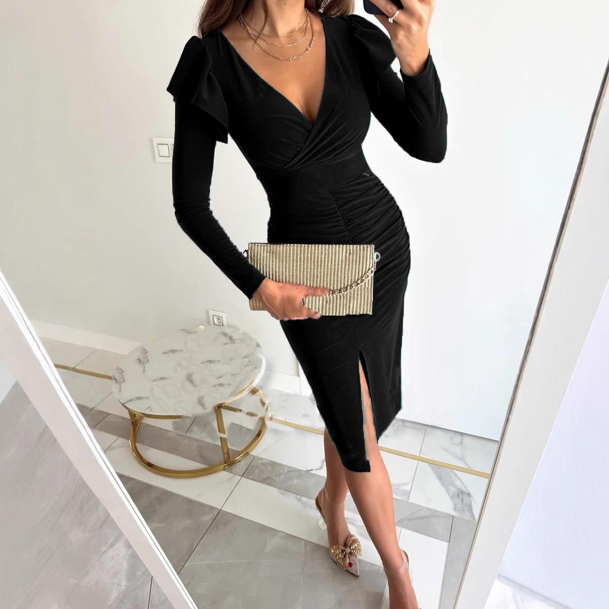 

Топ с V-образным вырезом, коллекция «Личность и темперамент», однотонное платье с разрезом на талии и длинным рукавом, весна-осень, облегающее женское платье XXL чёрный