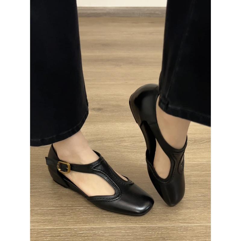 Sheepskin inner height increase retro Mary Jane shoes femininity French side empty wedge heel bag head sandals women's shallow mouth single shoes