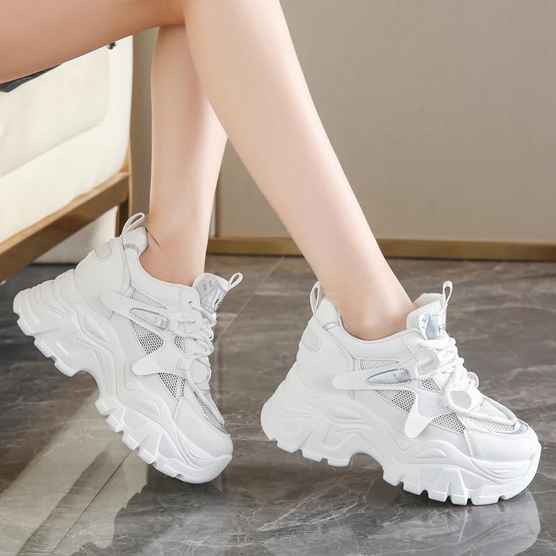 Fashion Breathable Mesh Chunky Sneakers for Women 2025 Spring Fashion White Platform Sports Shoes Woman Comfort Thick Sole Walking Shoes