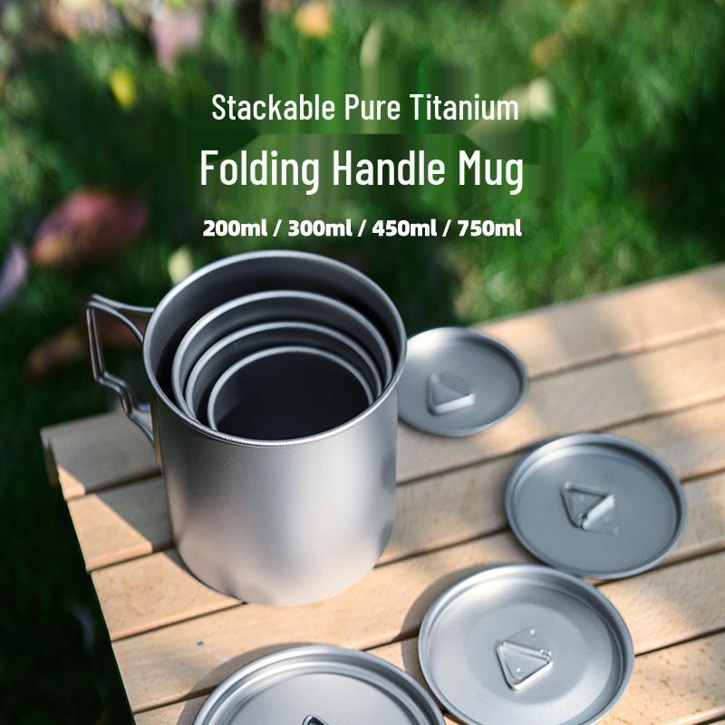 Portable Titanium Camping Mug with Lid - Folding Handle, Single Layer, Anti-scalding Design for Outdoor Travel