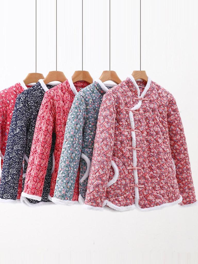 Women's Winter Floral Cotton Vest with Frog Buttons