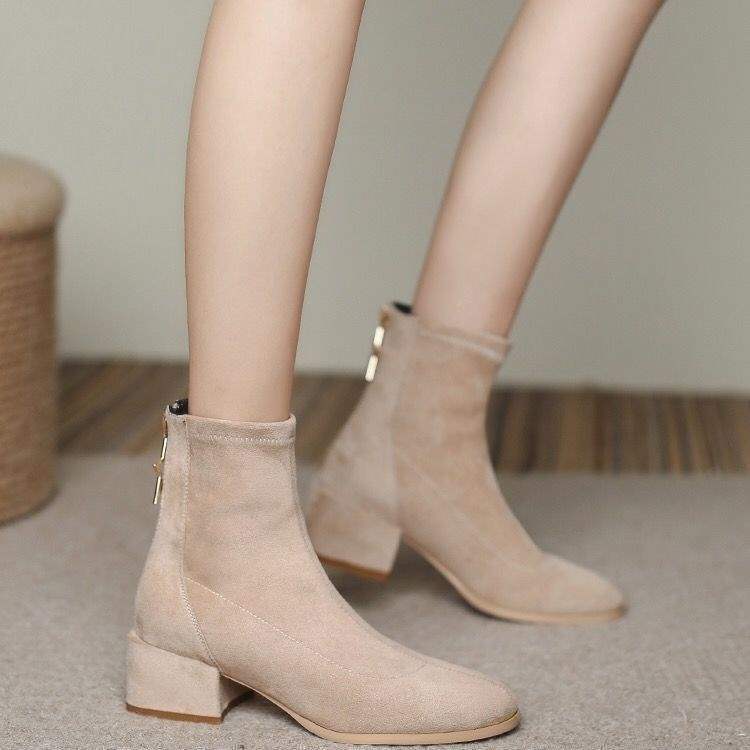 Short boots Skinny new women's autumn and winter velvet thin boots Square head versatile single boots Martin boots Medium heel thick heel boots