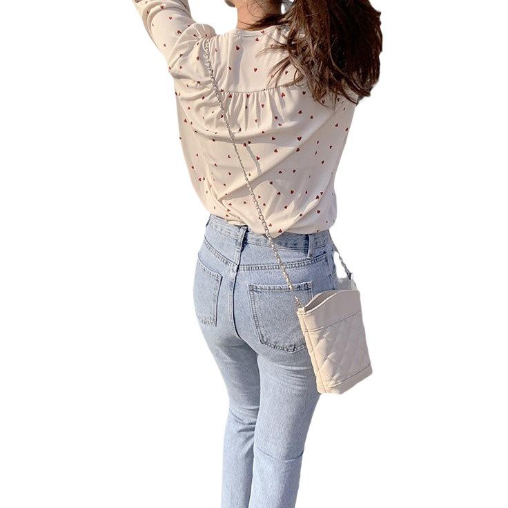 Korean Heart Print Chiffon V-Neck Retro Top - Spring/Autumn Fashion for Women