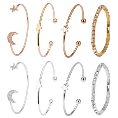 4Pcs/Set Moon Star Heart Charm Rhinestone Inlaid Bracelet Women Bangle Jewelry