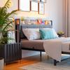 140x200cm Bed Frame with LED Lights, Storage Headboard with USB Charging, Heavy Duty Metal Slat Support, Noise-free, Assembly, No Box Spring Required
