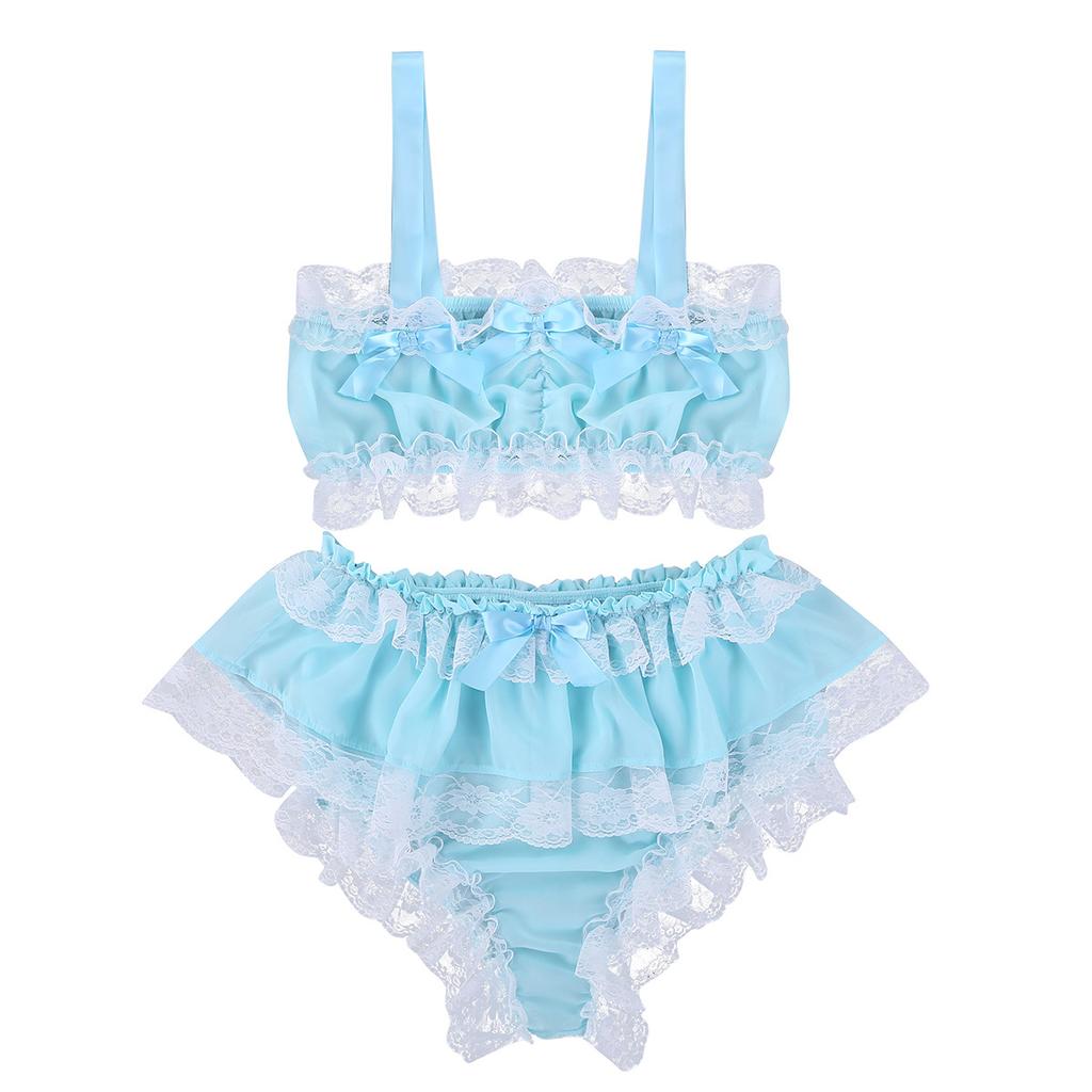 2Pcs Mens Ruffled Lace Sheer Chiffon Sissy Lingerie Set Bra Top with Skirted Petticoated Panties