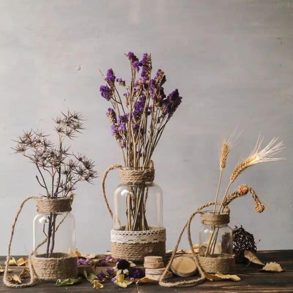 Vintage Nordic Hydroponics Glass Vase Country Style Handmade Hemp Rope Vase for Home Office Restaurant Decorative Plants Fresh