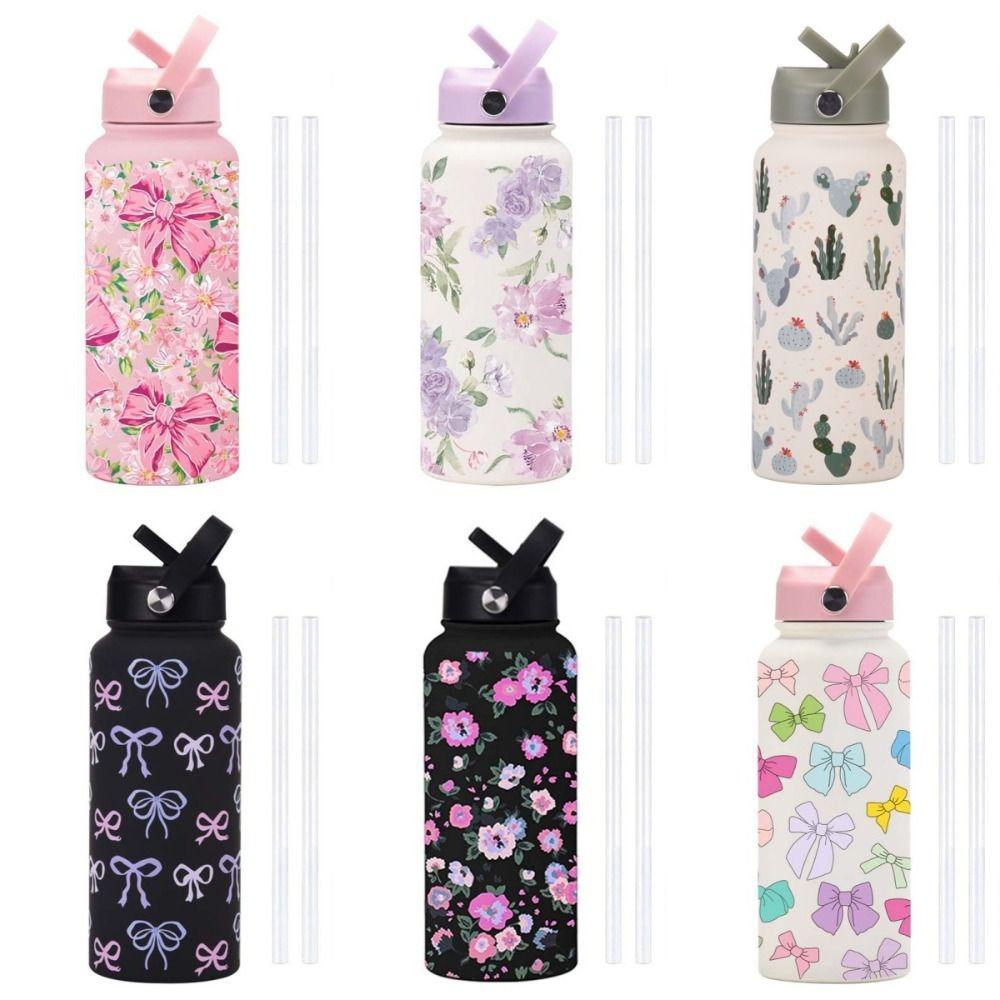 Portable 1000ML Thermos Bottle Aesthetic Leak Proof Insulated Tumbler with Straw Large Capacity Stainless Steel