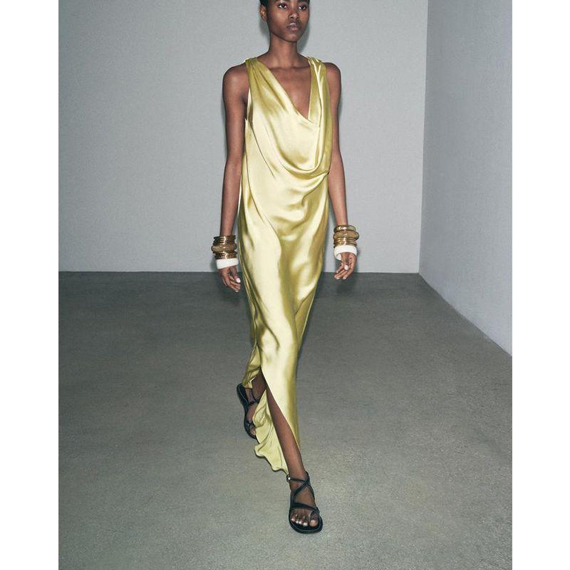 Summer New Product Women's Clothes French Design Draped Collar Open Back Silk Satin Texture Sleeveless Dress 3067381