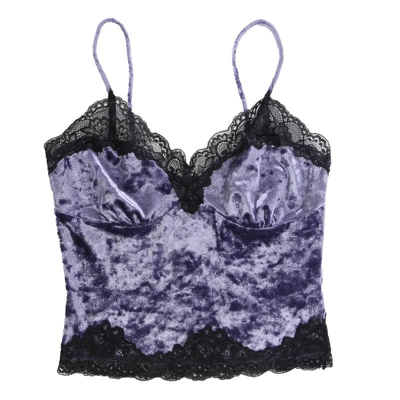 GMXIA Summer Sexy Spice Patchwork Top for Women Dark Wind Velvet Lace Lace Camisole