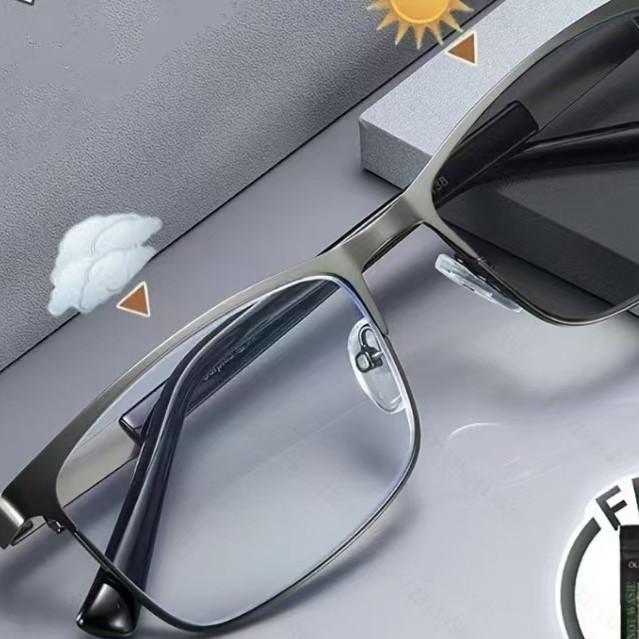 Men'S Business Pc Color-Changing Glasses Square Steel Leather Myopia Glasses Anti-Blue Light Full Frame Glasses Frame Light-Changing Glasses