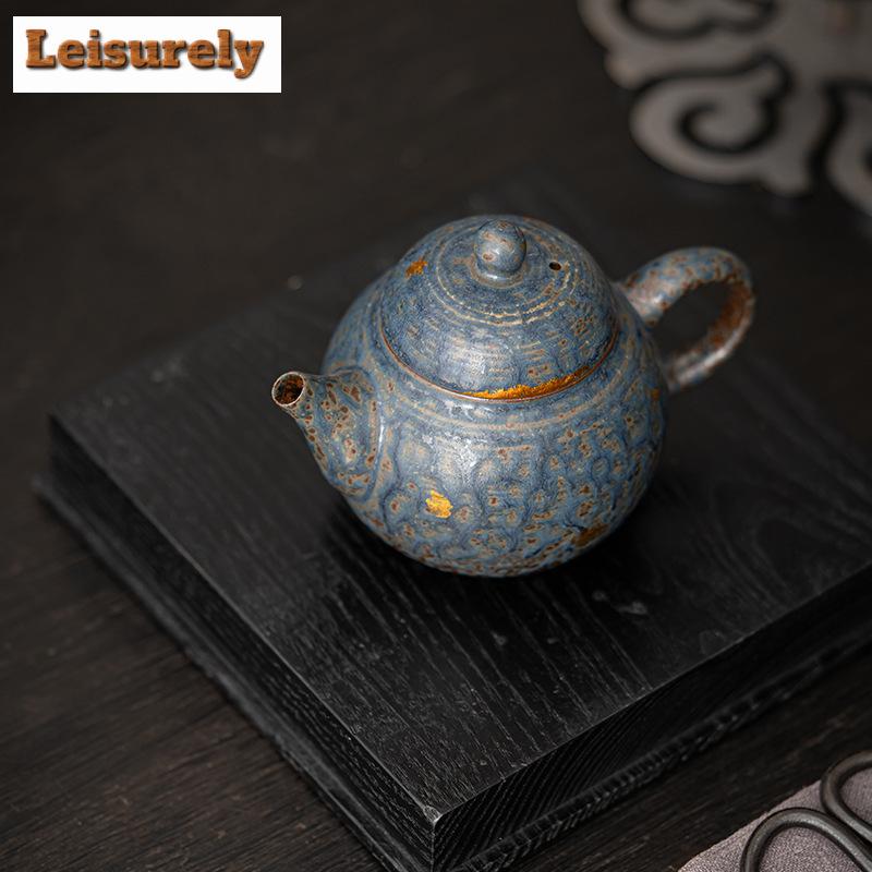 180ml Retro Bronze Glazed Teapot Japanese Old Rock Clay Pot Tea Making Peacock Blue Kettle with Infuser Teaware Ornaments Gifts