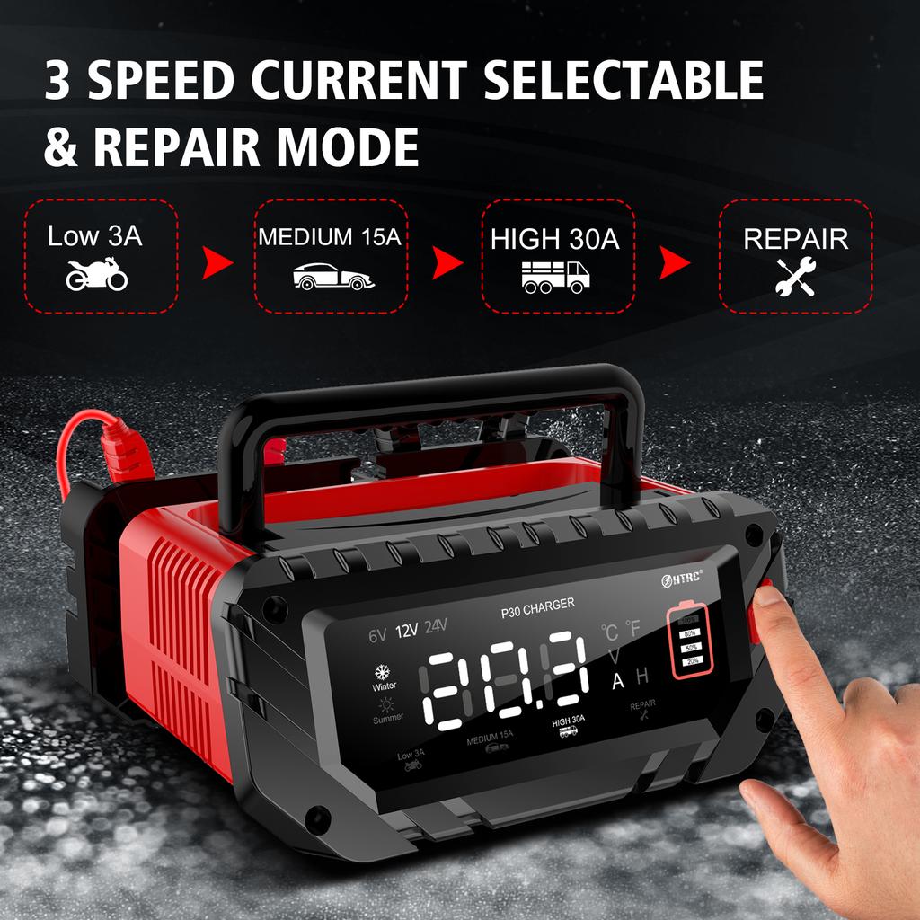 12V 30A/26A/20A Smart Car Battery Charger LCD 6V-12V-24V for Motorcycle Trickle Lithium LiFePO4 Lead-acid AGM Battery Repair