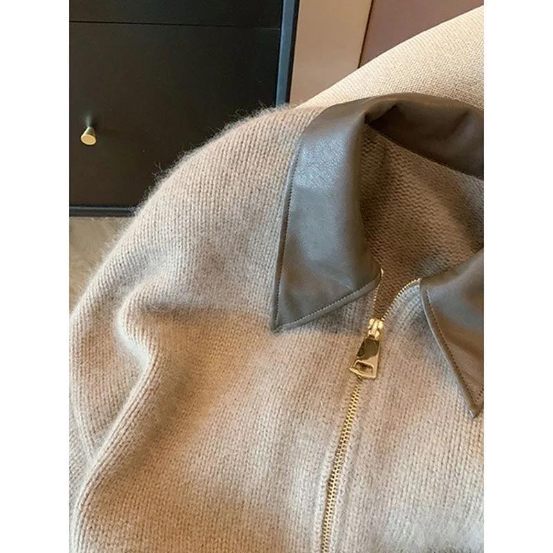 Podzimní a zimní pletený kožený límec s dvojitým zipem Pletený svetr Cardigan Dámské měkké Vintage Streetwear s dlouhým rukávem