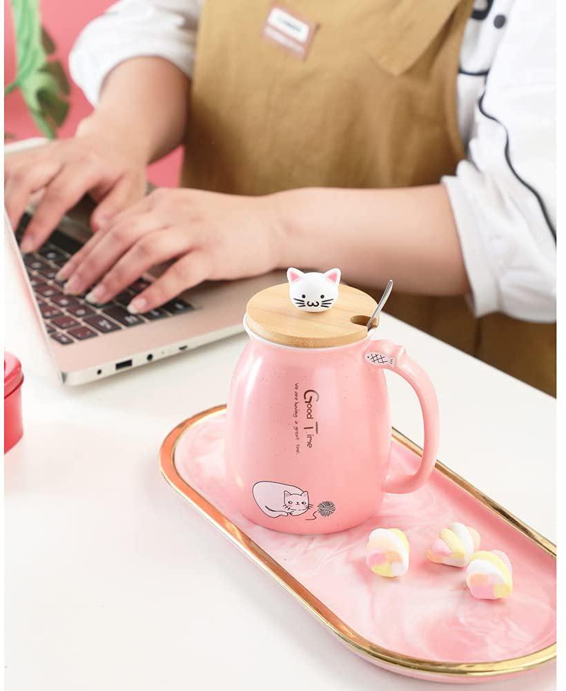 Cartoon Couple Cute Cat Ceramic Mug with Lid and Spoon