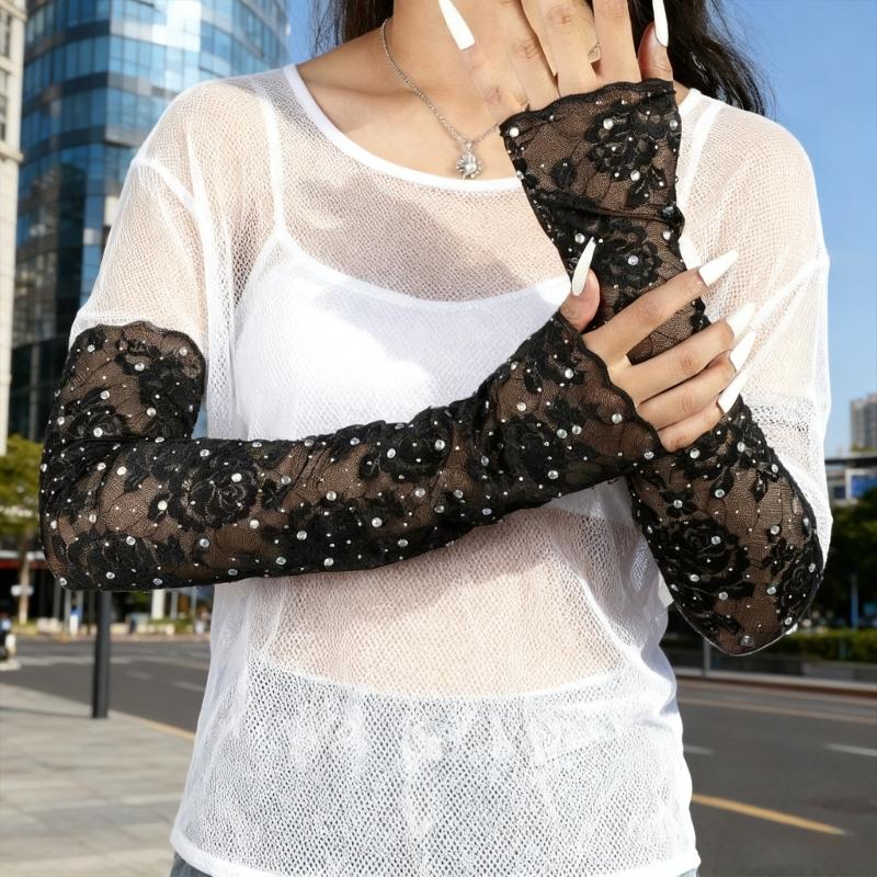Eleganti Maniche Nere Ricamate Tessuto Traspirante Guanti Senza Dita Evento Formale Accessorio di Moda Quotidiana