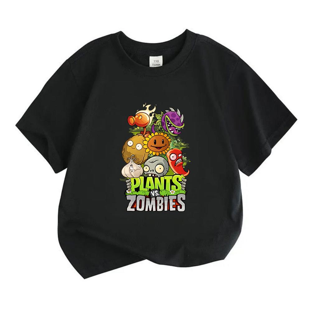 Kids Boys Girls 100% Cotton Crew Neck Short Sleeve T-Shirt, Funny Plants Zombies Cartoon Print Casual Soft Tee for Children Daily Outdoor Wear