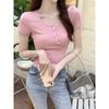 Sweet Hot Girl Lace Splicing Slimming Short-sleeved T-shirt Women's Low Collar Collarbone Right Shoulder Short Pure Lust Top Summer