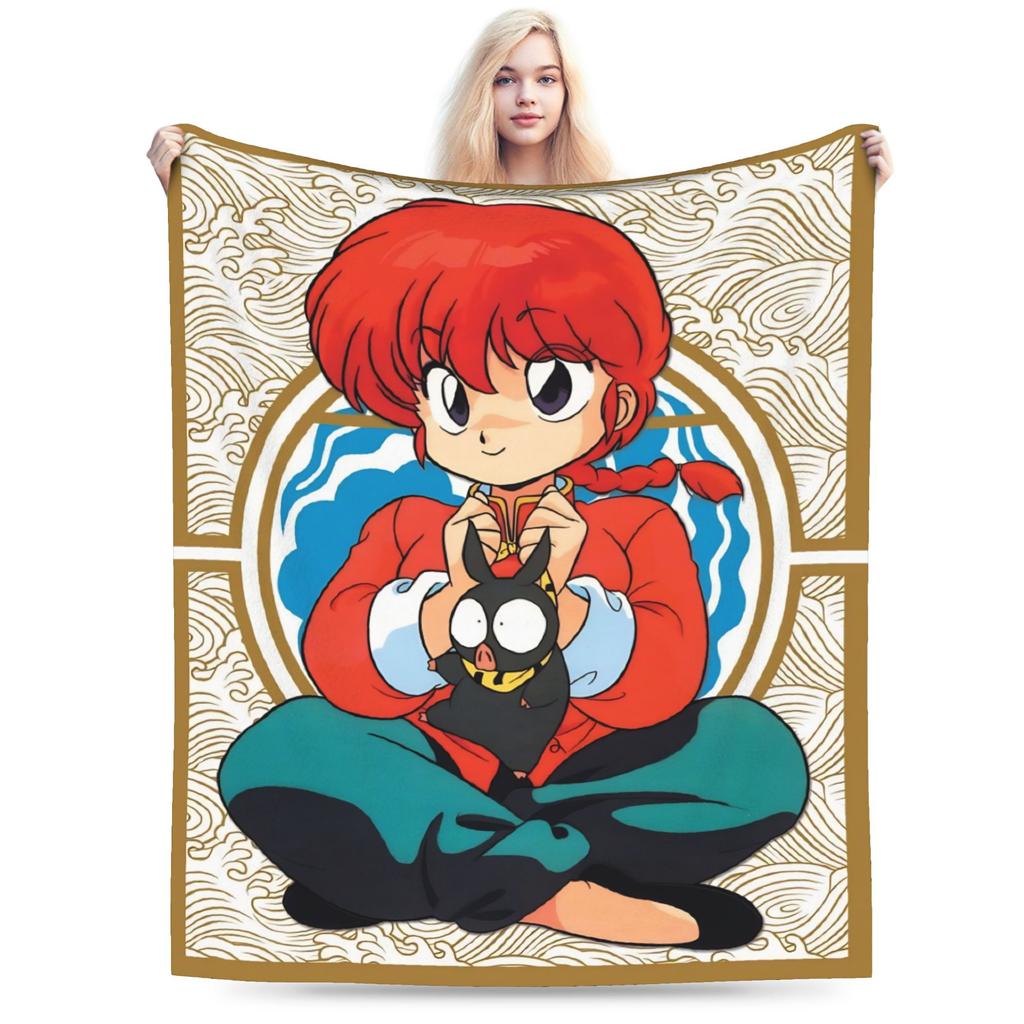 Anime Ranma And P-chan Blanket Flannel Print  Multi-function Warm Throw Blanket for Bedding Car Rug Piece