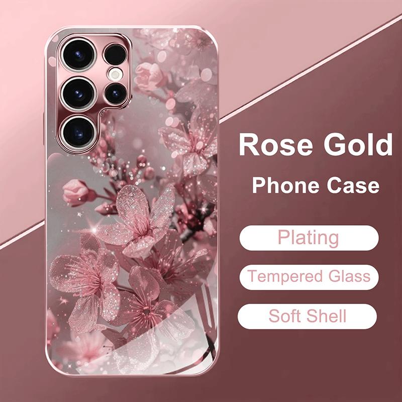Pink Cherry Blossom Pattern Metallic Tempered Glass Phone Case For iPhone 17 Pro Max 11 12 13 14 15 16 Pro Plus 17 Air 17E Cover