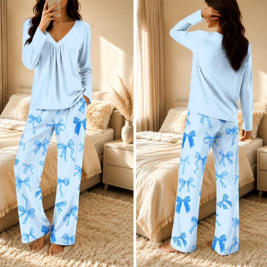 Women's V-Neck Loose Fit Printed Pajama Set Two Piece Sleepwear for Casual