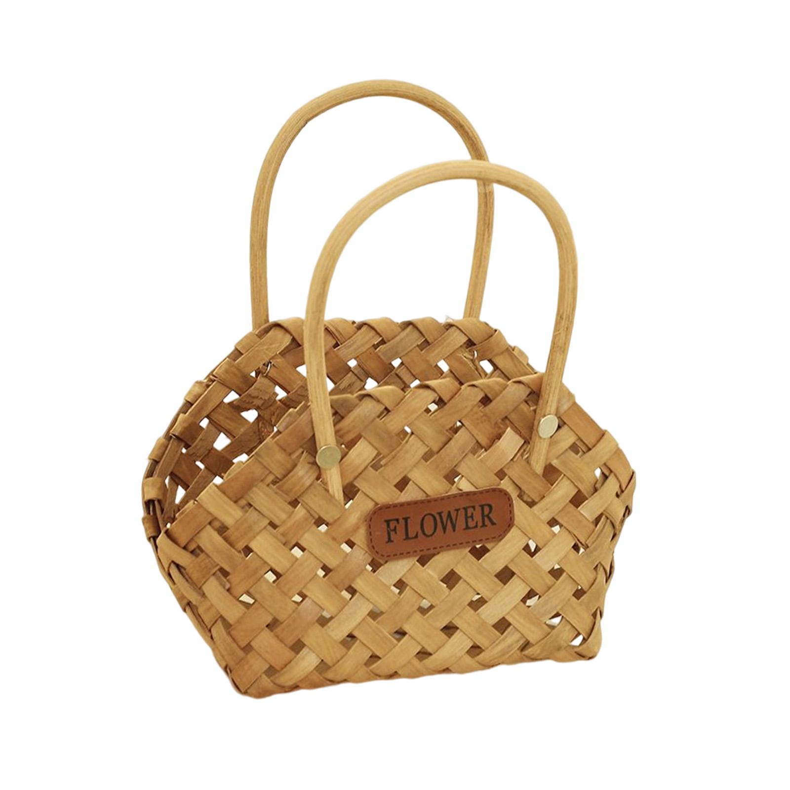 Handwoven Wooden Flower Basket, Woven Basket for Storage, Wood Chip Picnic